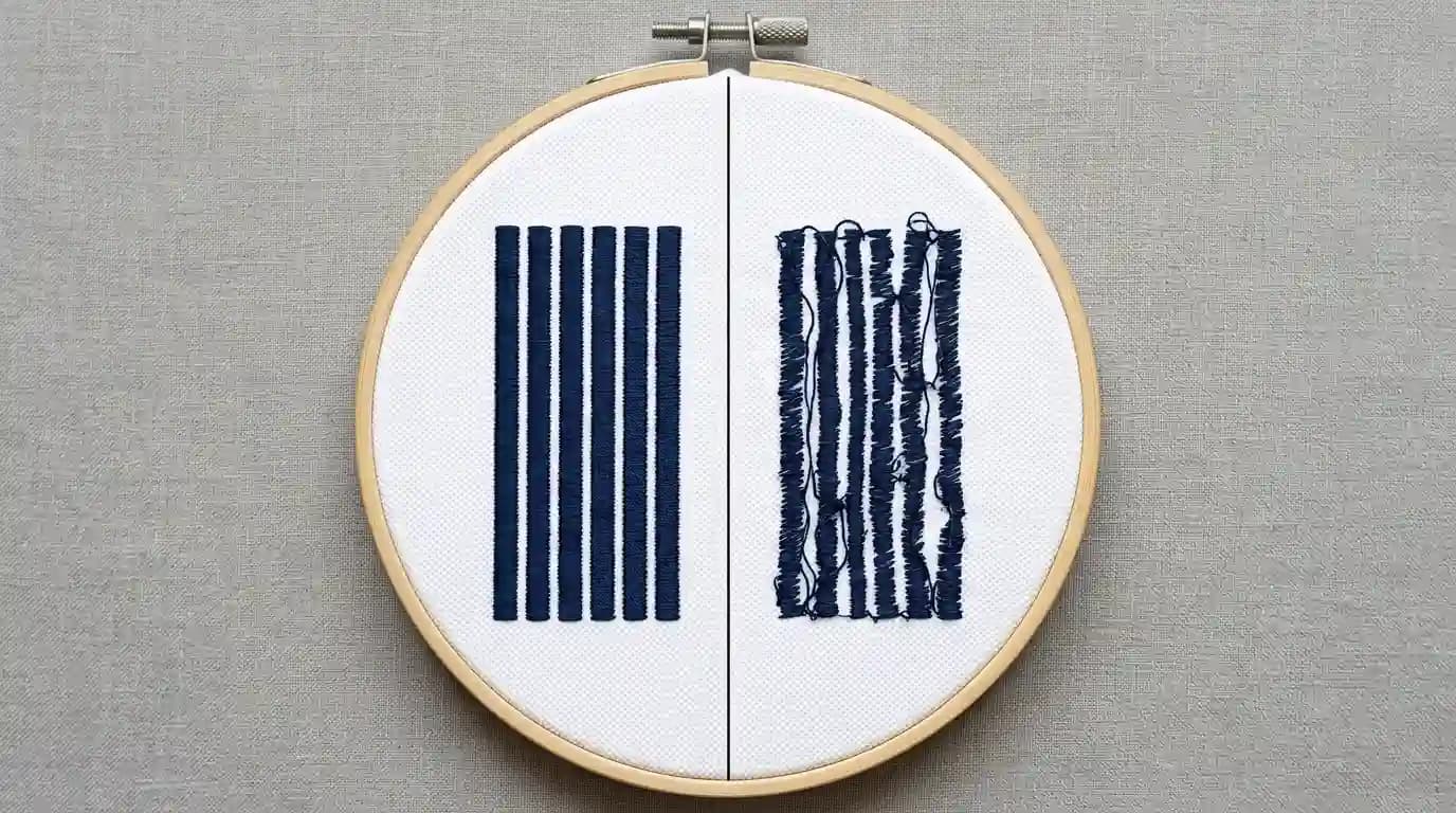Side-by-side comparison of aligned vs misaligned embroidery columns on a white polo shirt