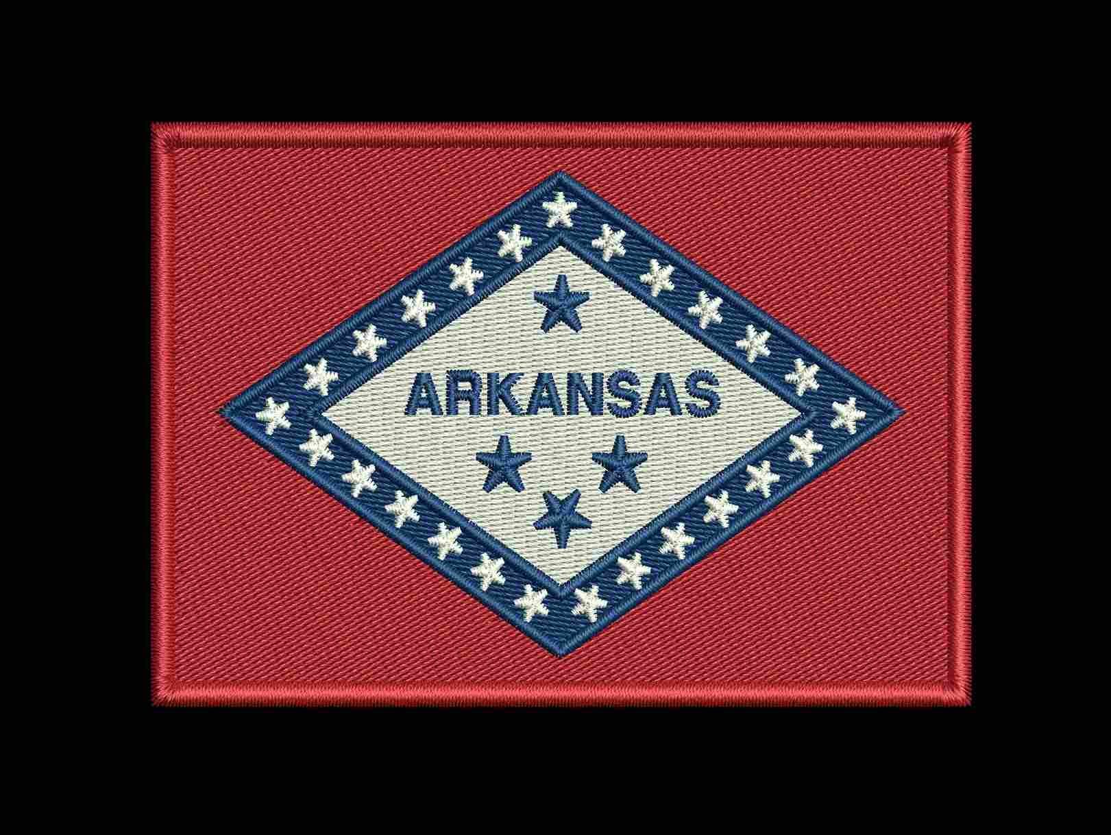 Free Arkansas Flag machine embroidery design with red background, blue diamond border, white stars, and ARKANSAS lettering