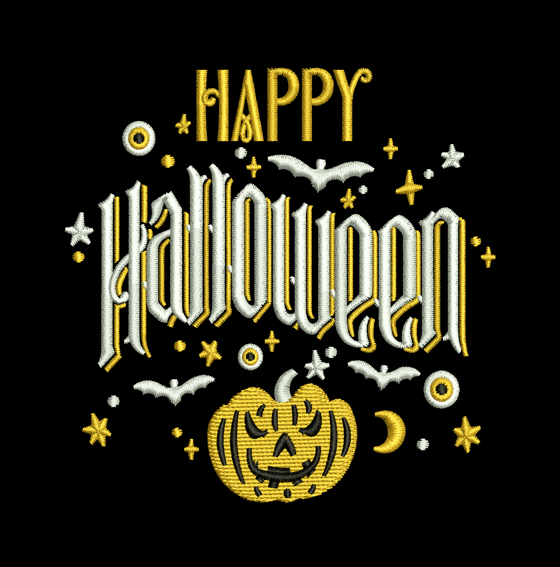 Halloween Day embroidery design with gold and white gothic lettering, jack-o'-lantern pumpkin, bats, moon and stars