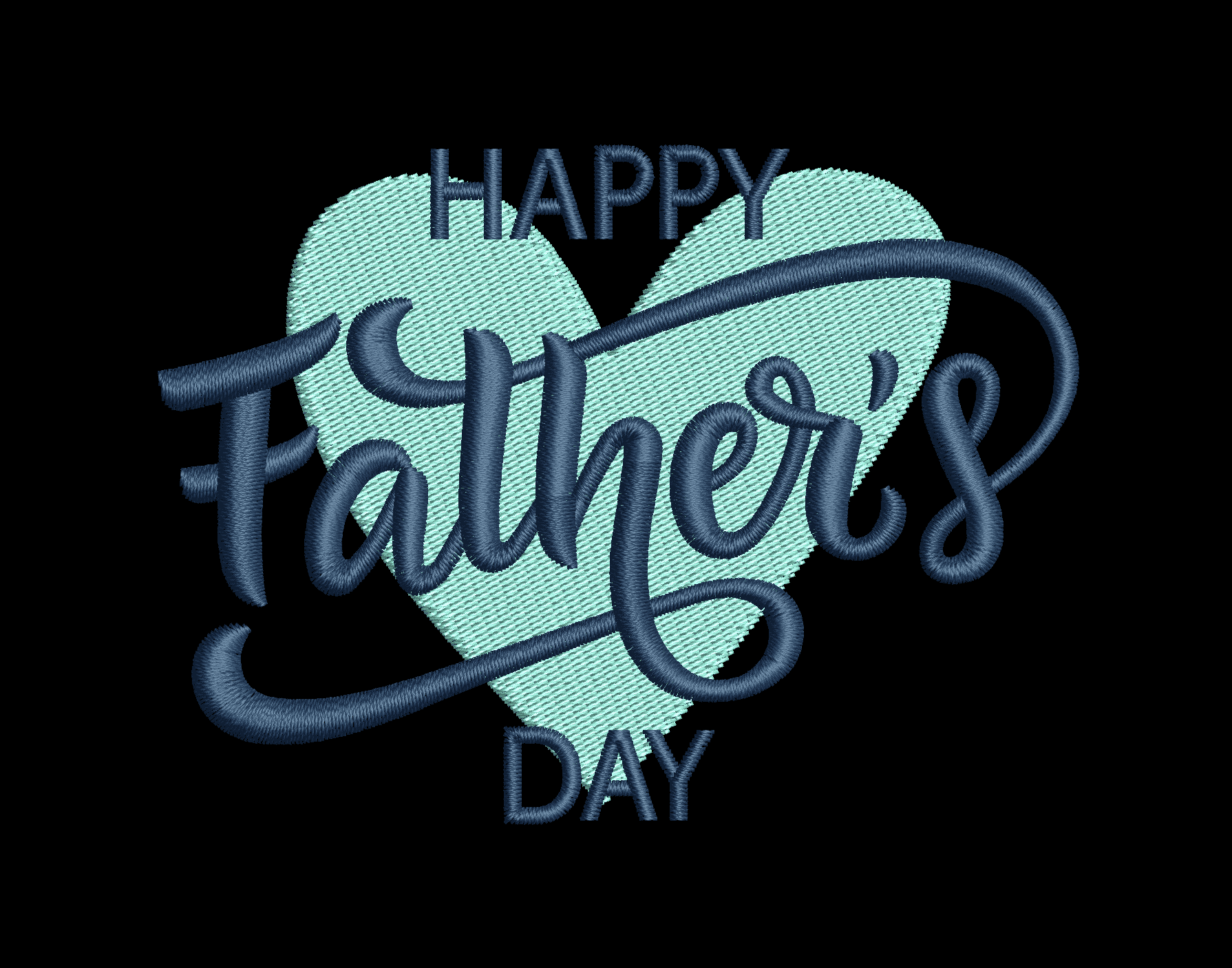 Happy Father's Day embroidery design with navy blue script lettering and swirls over a mint green heart