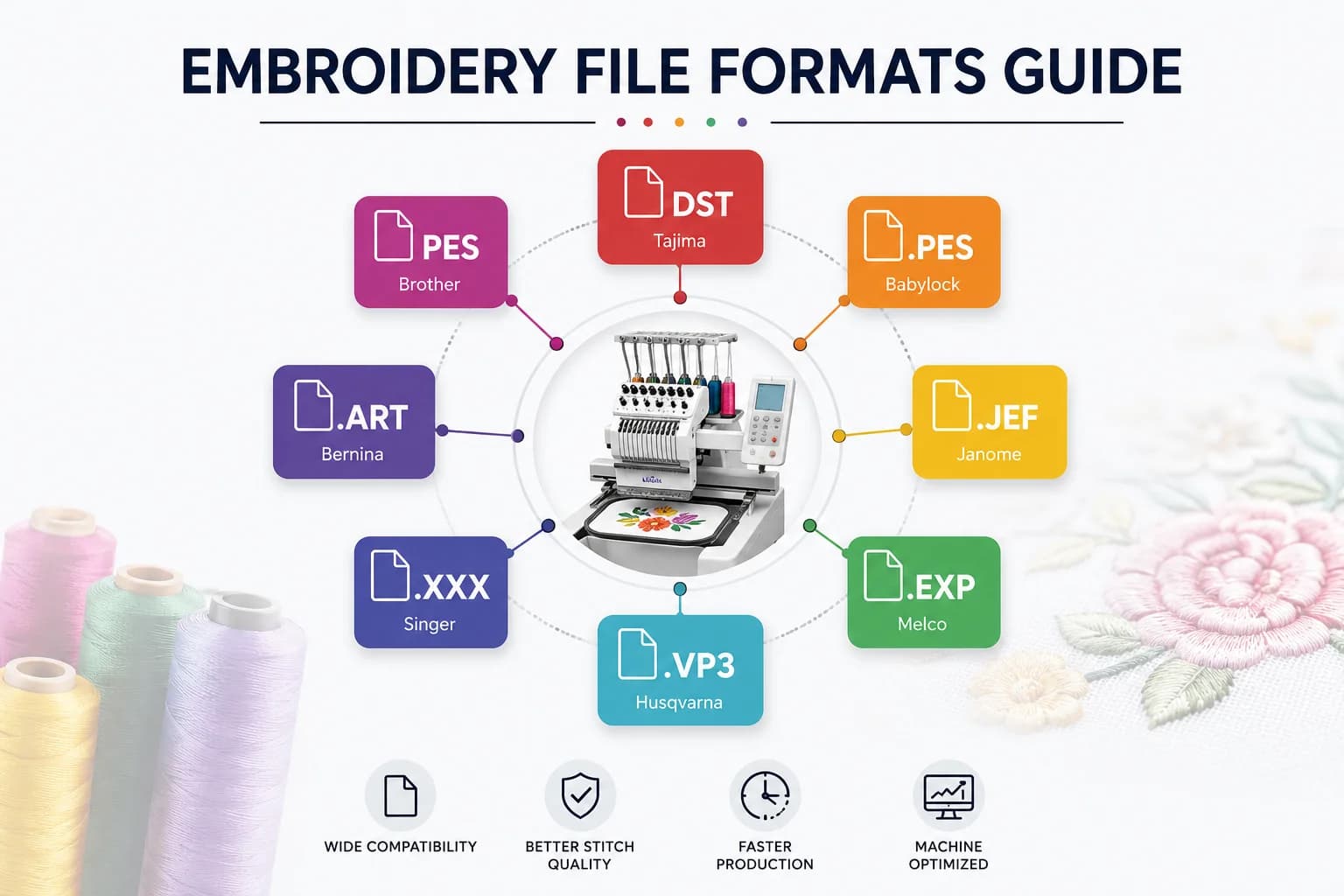 Embroidery file formats guide showing DST, PES, JEF, EXP, VP3, ART and XXX around an embroidery machine