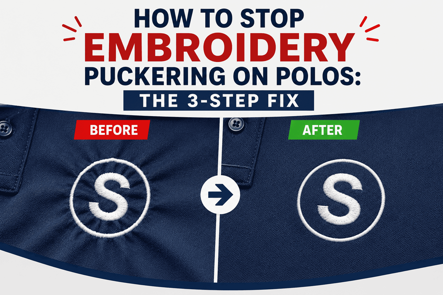 Before and after comparison of embroidered logo on a navy polo shirt showing puckering fixed with correct density and stabilizer