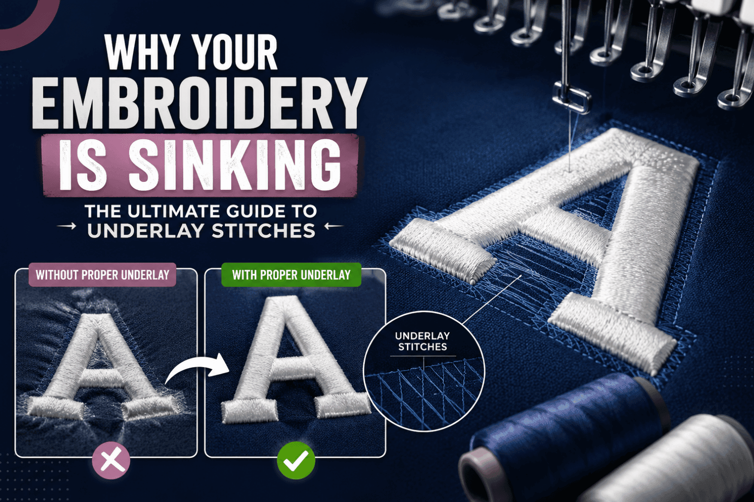 Embroidery underlay comparison showing edge run, zigzag, and center walk stitching under a top satin stitch