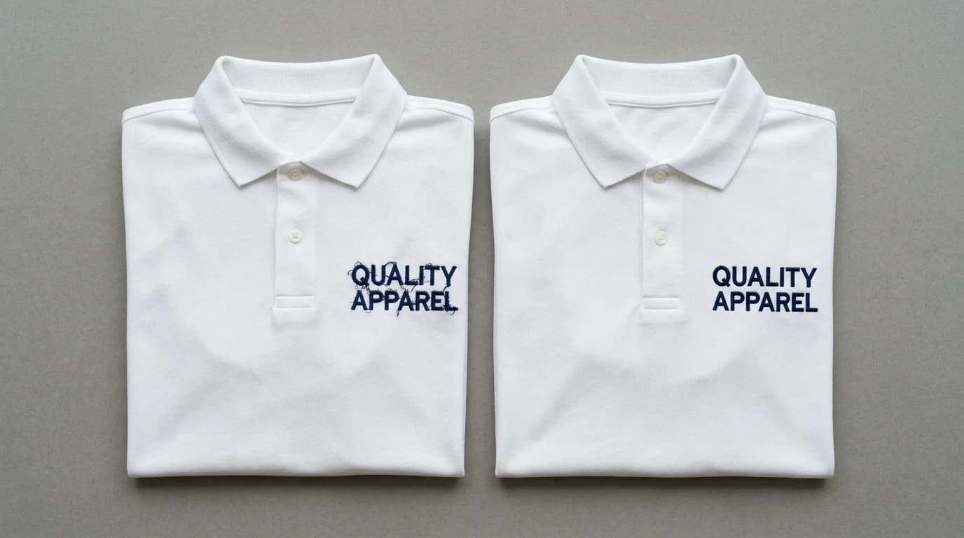 Fixing poorly stitching letters in embroidery — fuzzy uneven letters on left vs clean sharp professional lettering on right
