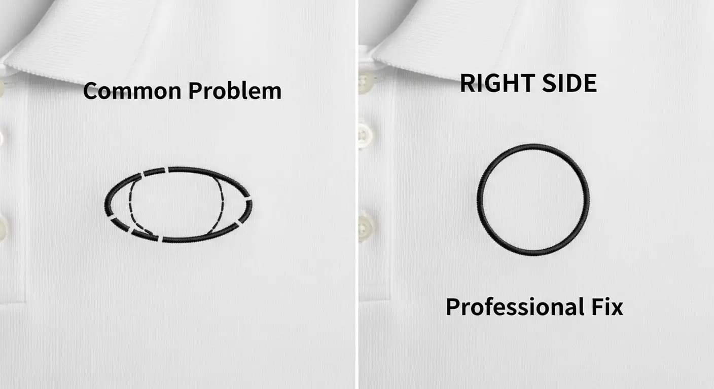 comparison of oval distorted embroidery circle versus perfectly round professional embroidery