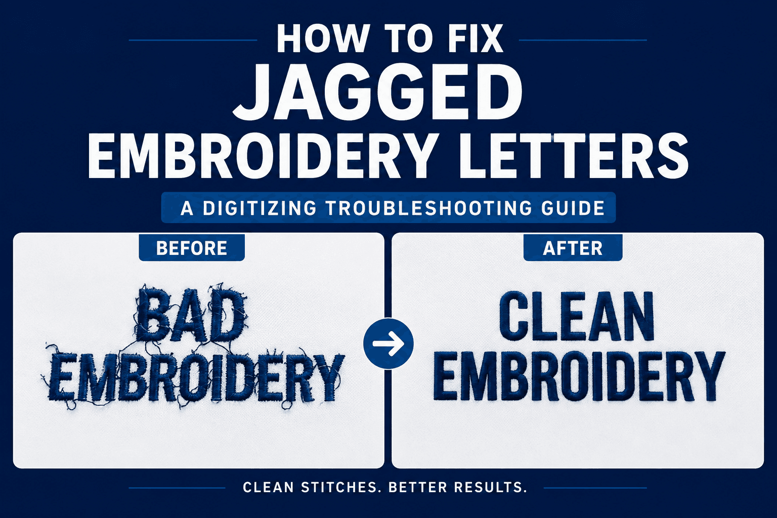 Close-up comparison of embroidered text showing jagged letters on the left and smooth satin stitch letters on the right