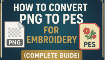 Professional embroidery machine stitching a custom PES design on fabric.