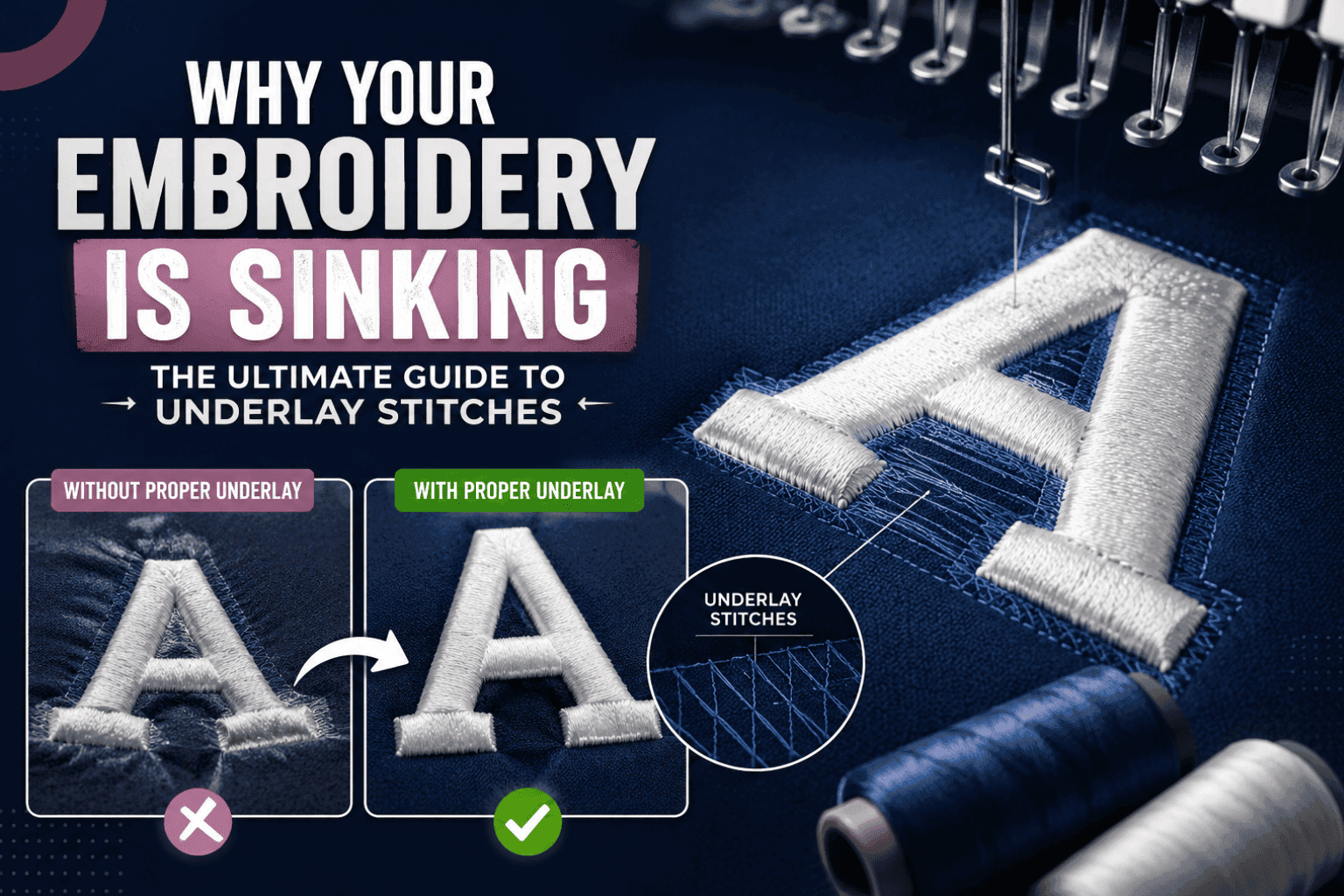 Embroidery underlay comparison showing edge run, zigzag, and center walk stitching under a top satin stitch