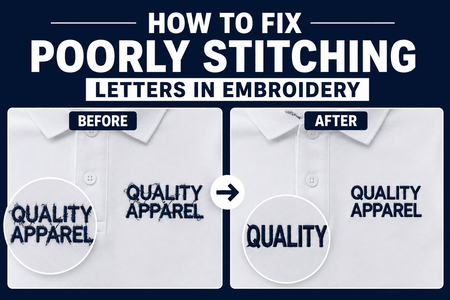 Close-up comparison of jagged embroidered lettering next to cleanly stitched letters with correct pull compensation