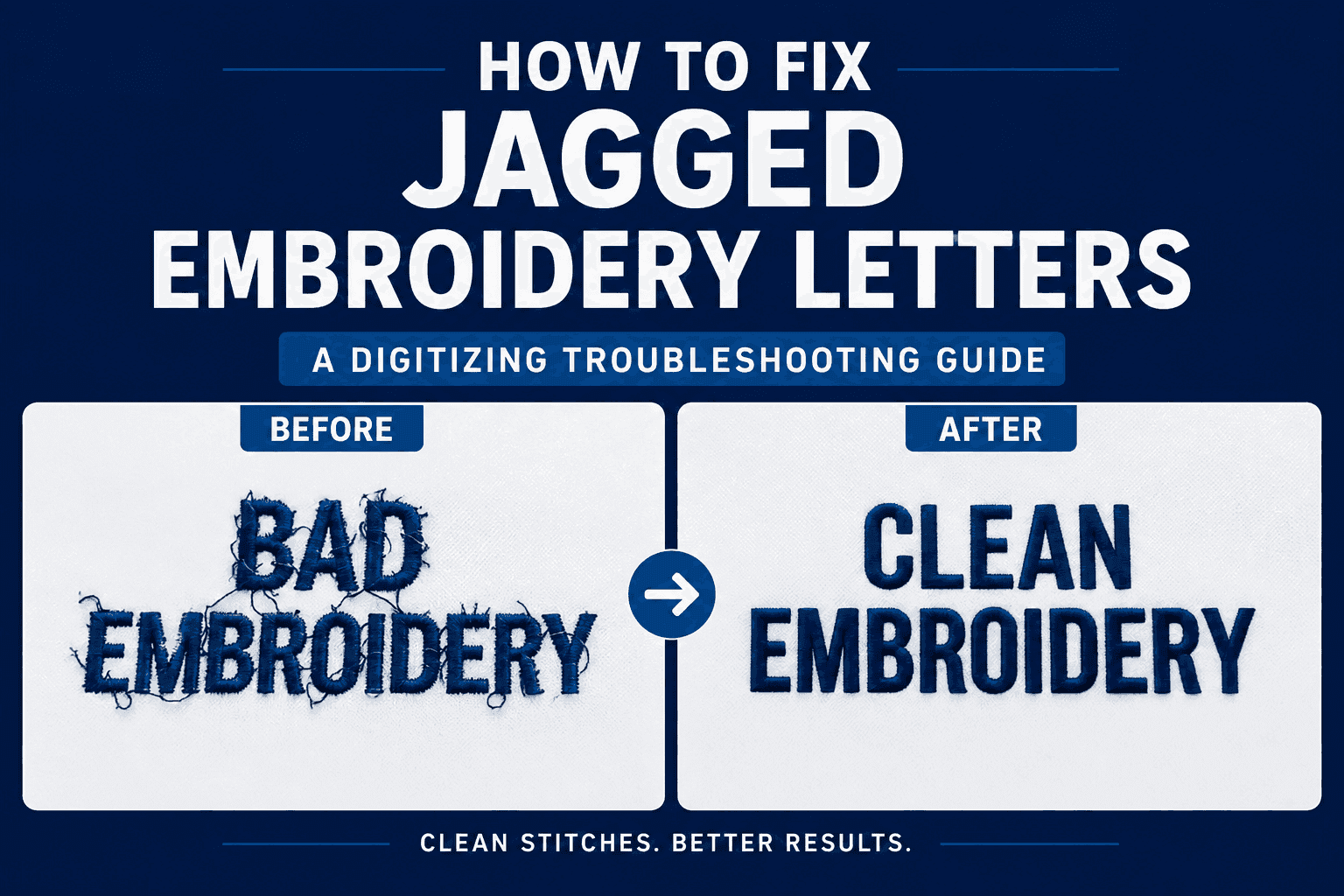 Close-up comparison of embroidered text showing jagged letters on the left and smooth satin stitch letters on the right
