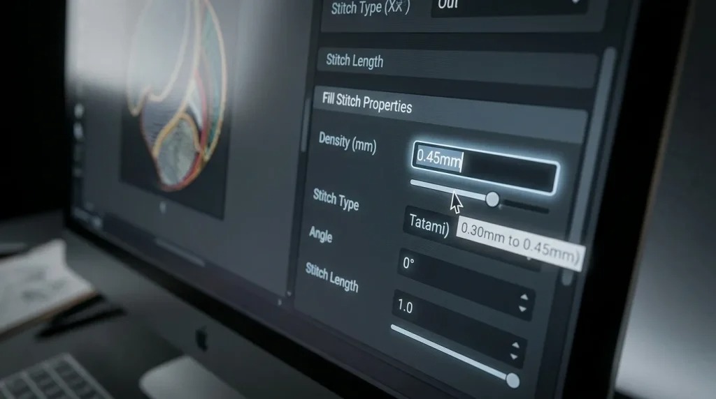 fix bulky embroidery by adjusting fill stitch density settings in software