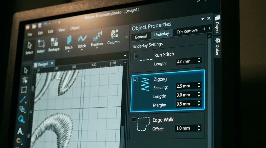 Wilcom digitizing software underlay type selection panel showing run stitch zigzag edge walk options