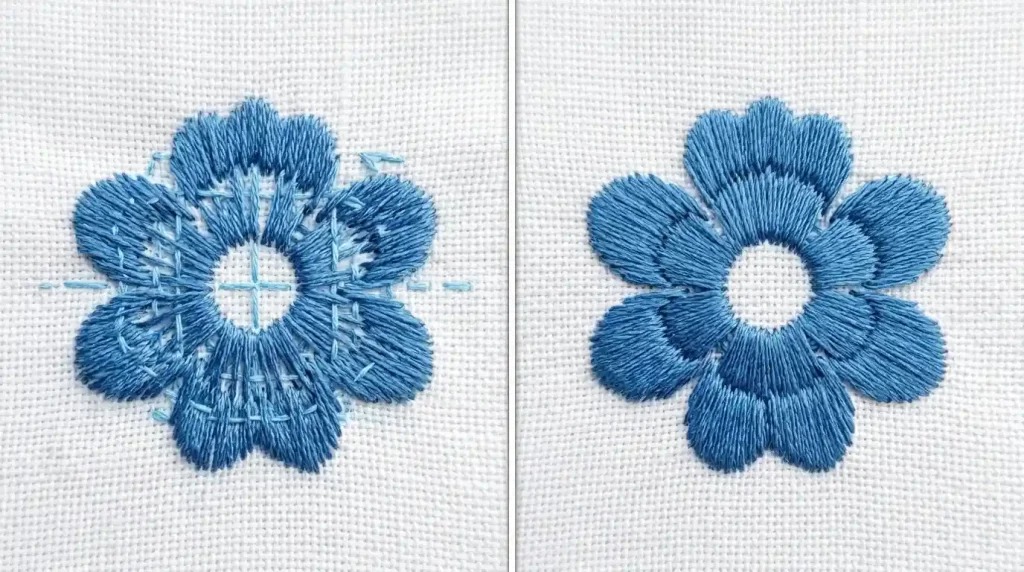 embroidery underlay causing bulk and stiffness vs clean flat result