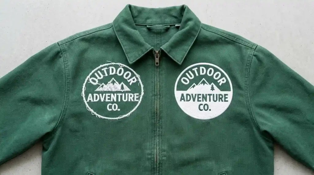 Forest green jacket embroidery comparison showing fill stitch gaps problem versus correct full coverage result