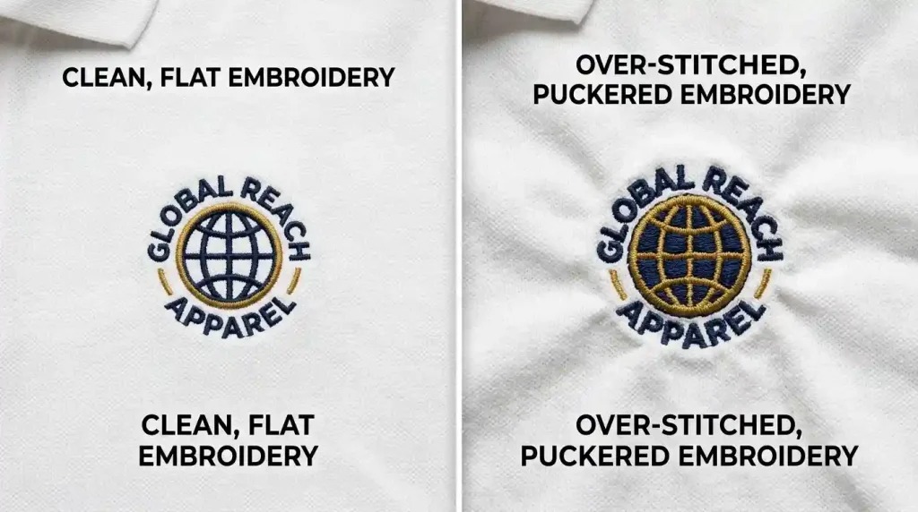 high stitch density embroidery problem vs clean flat embroidery comparison