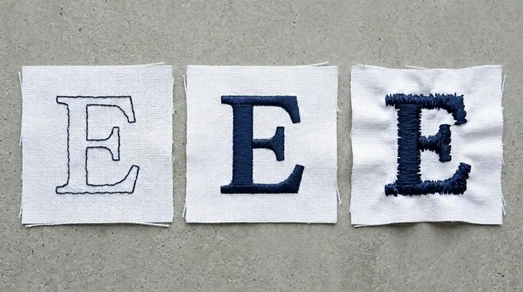 Three embroidery letter density examples showing too low, correct, and too high density settings for fixing poorly stitching letters