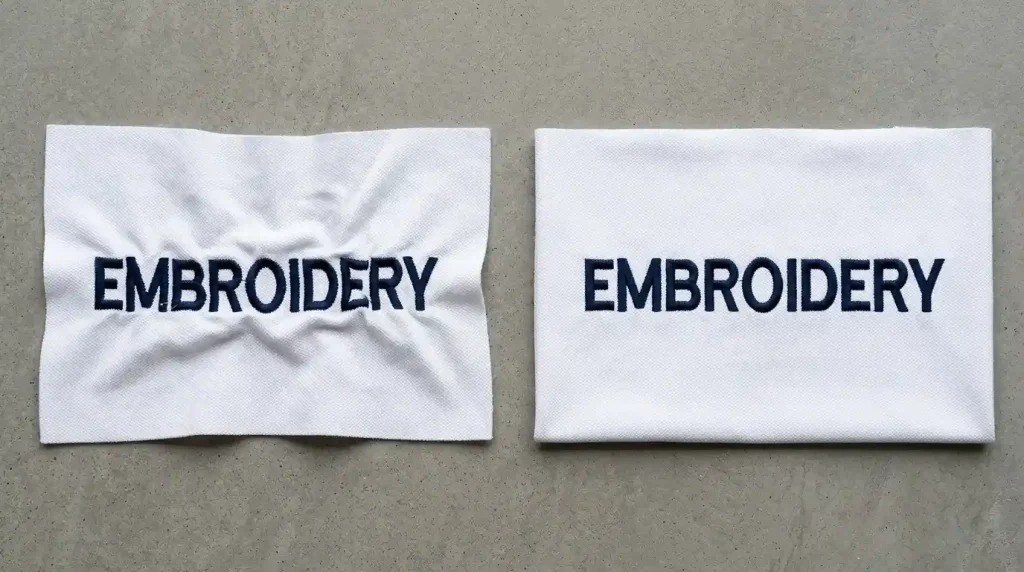 Before and after embroidery text test stitch-out showing all letter quality problems corrected with measuring tools for verification