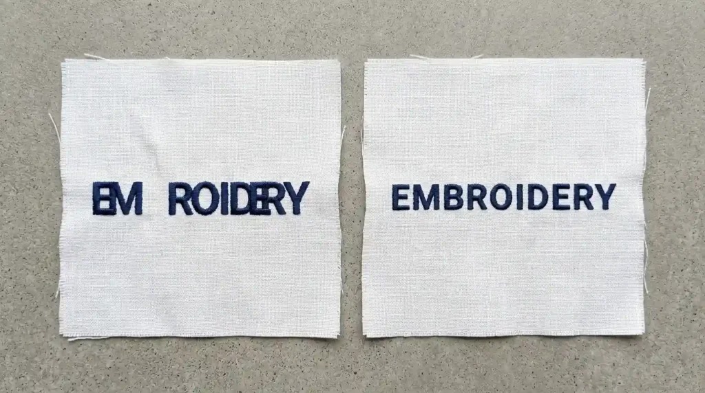 Embroidery text with incorrect letter spacing vs correct even spacing showing improvement in readability and professional finish