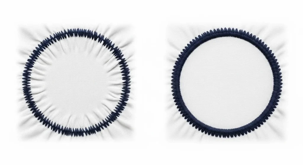 Comparison showing circle embroidery without and with proper center-out radial underlay stitching