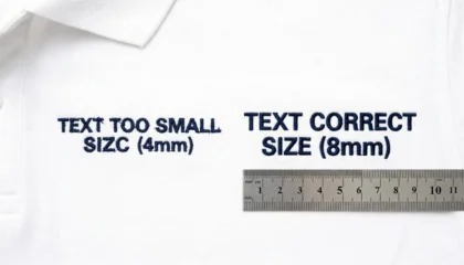 A close-up comparison of embroidered navy text on a white polo shirt, showing jagged letters on the left and smooth satin stitches on the right.