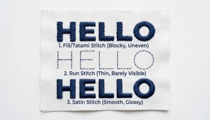 Macro shot comparing fill stitch, run stitch, and satin stitch on navy embroidery.