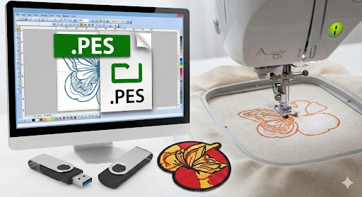 Brother PES file format opened in embroidery software showing stitch directions and underlay